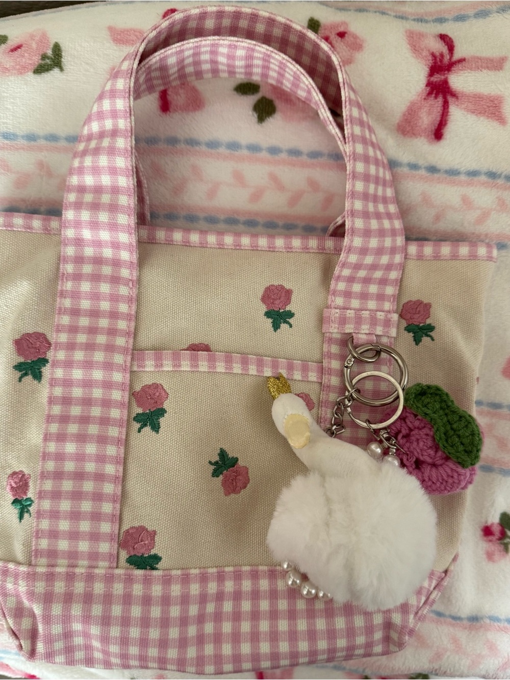 Pink Gingham Rose Canvas Tote with Charms